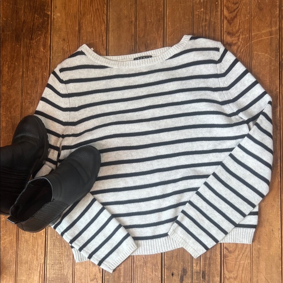 Women’s Theory Black and Tan Striped cotton cashmere wide neck Sweater - Picture 1 of 7